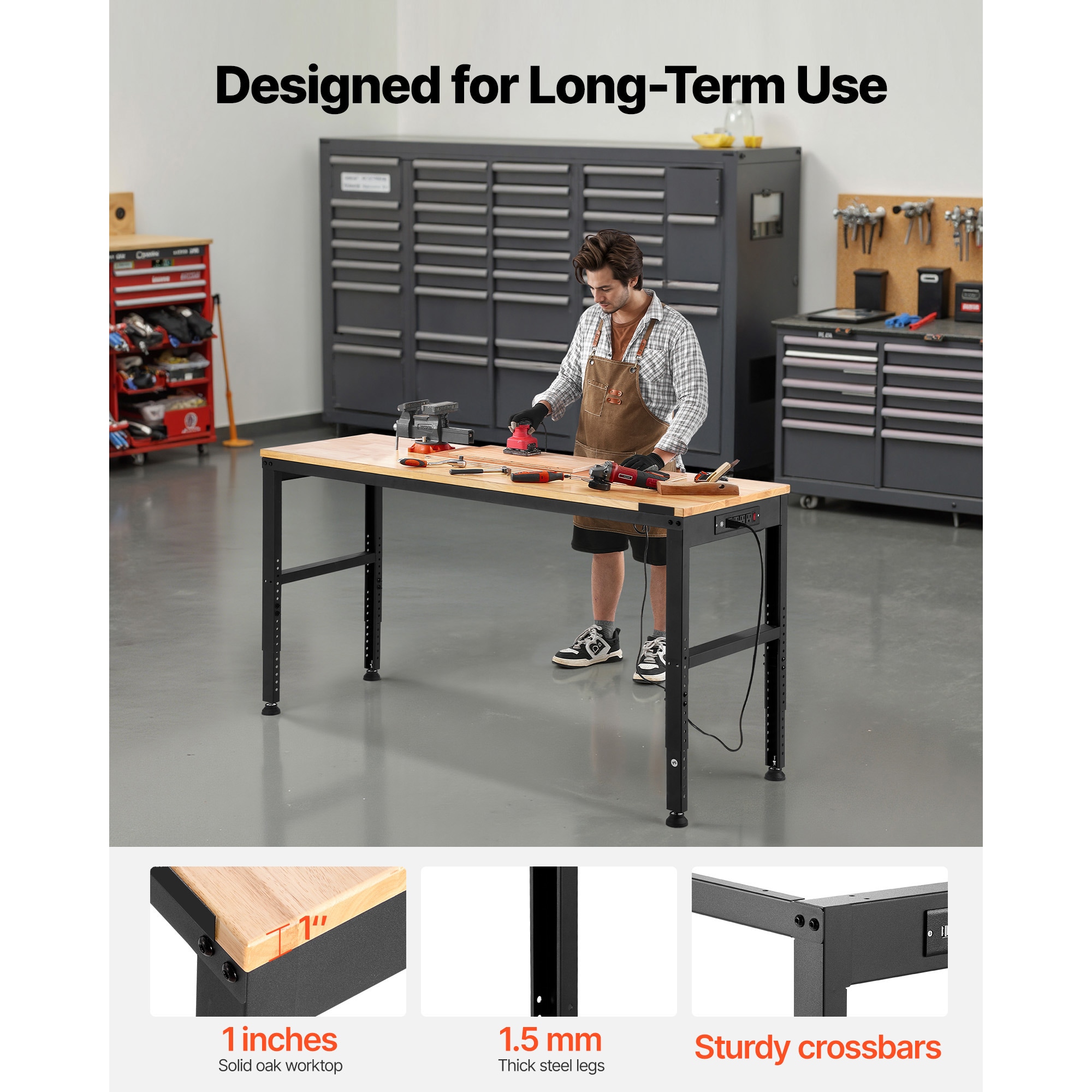 Adjustable Height Workbench With Power Outlets And Hardwood Top_voghion.com